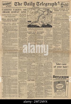 1944 die Titelseite des Daily Telegraph berichtet, dass die Alliierten Monte Cassino und General Kreipe gefangen nehmen Stockfoto