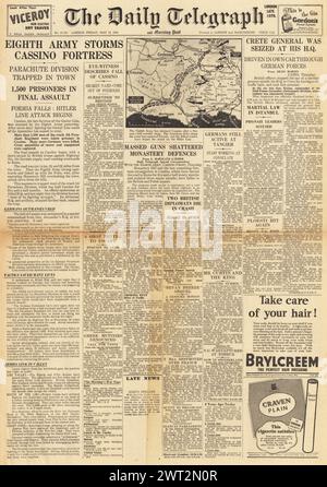 1944 die Titelseite des Daily Telegraph berichtet, dass die Alliierten Monte Cassino und General Kreipe gefangen nehmen Stockfoto