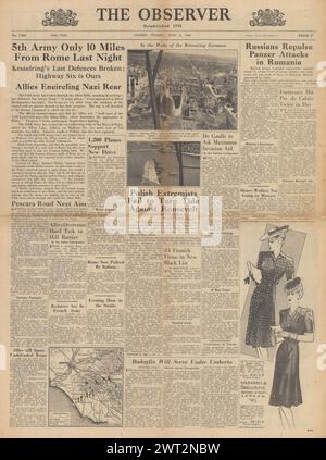 1944 die Titelseite des Beobachters berichtet über den Vormarsch der US-Armee auf Rom und schwere Kämpfe in Rumänien Stockfoto