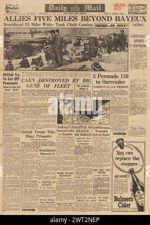 1944 Tagespost Front Seite Berichterstattung Schlacht um die Normandie Stockfoto