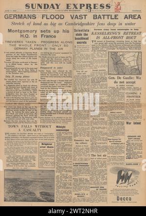 1944 Sunday Express-Titelseite, die die Schlacht in der Normandie und den Rückzug deutscher Truppen in Italien berichtet Stockfoto