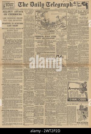 1944 die Titelseite des Daily Telegraph berichtet über die Schlacht um Cherbourg und die Rote Armee gegen finnische Truppen Stockfoto