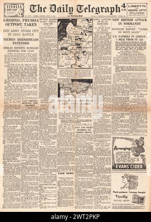 1944 die Titelseite des Daily Telegraph berichtet, dass die Rote Armee Grodno erobert und um die Normandie gekämpft hat Stockfoto