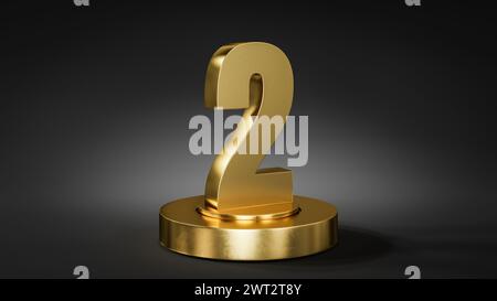 Die Zahl 2 auf einem Podest in goldener Farbe vor dunklem Hintergrund mit Spotlicht. Stockfoto