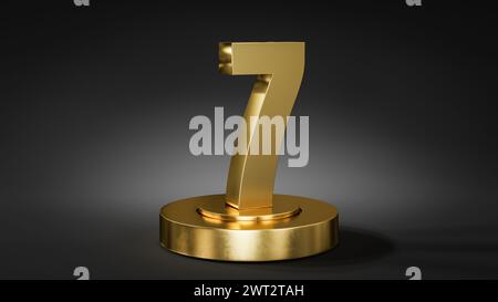 Die Zahl 7 auf einem Sockel/Podium in goldener Farbe vor dunklem Hintergrund mit Spotlicht. Stockfoto