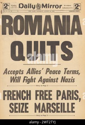 1944 Daily Mirror Titelseite berichtet, dass Rumänien kapituliert, Alliierte Marseille erobern und um Paris kämpfen Stockfoto