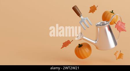 3. Herbst mit Gießkanne, Blättern, Kürbissen und Schaufelgabel Hintergrund. 3D-Herbstblätter für die Gestaltung von Herbstbannern, Plakaten und Werbung Stockfoto