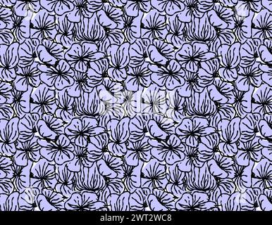 Nahtloses Muster mit schwarzen Pinselblüten. Tuschzeichnung von Wildpflanzen, Kräutern oder Blumen. Abstrakter organischer Hintergrund. Stock Vektor