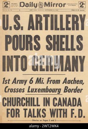 1944 Daily Mirror berichtet über die US Artillery Shell Deutschland und Winston Churchill in Quebec Stockfoto