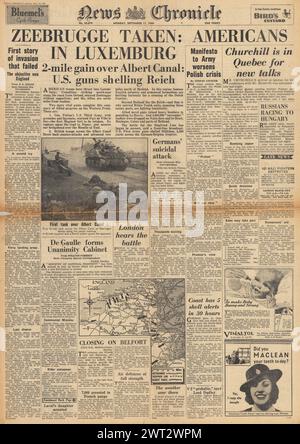 1944 News Chronicle berichtet, dass die Alliierten Zeebrugge, US-Truppen in Luxemburg und Winston Churchill in Québec gefangen nehmen Stockfoto