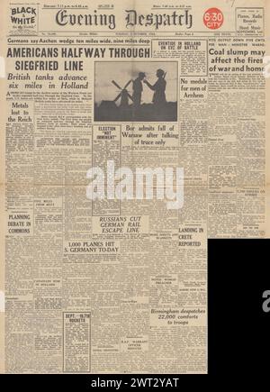 1944 Evening Dispatch-Titelseite, die US-Truppen über die Siegfried-Linie meldet Stockfoto