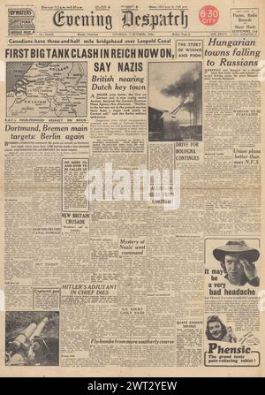 1944 Abendversand-Titelseite, die Panzerschlacht bei Aachen, den Vormarsch der Roten Armee in Richtung Budapest und die RAF Bombe Dortmund und Bremen berichtet Stockfoto