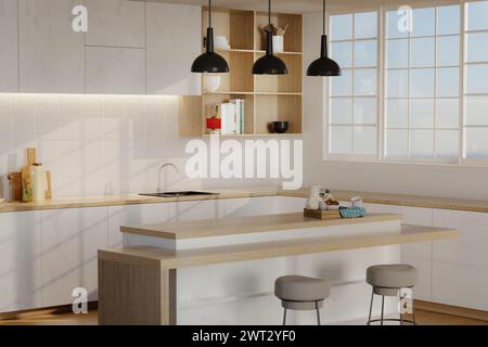 Minimalistische, gemütliche Küche, weiße, moderne Inneneinrichtung im Bauernhausstil. nordische Küche im Loft-Apartment. 3D-Rendering. Stockfoto