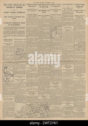 1944 meldet die Times die Schlacht um Aachen, Viscount Swinton wird Luftminister, die dritte Armee der USA rückt in der Nähe von Nancy vor, britische Truppen rücken auf Korinth vor, die Insel Schelde bedroht und die RAF-Bombe Kembs Dam Stockfoto
