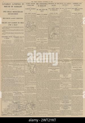 1944 fliegt die Times, die die Schlacht um Aachen, Churchill und Eden meldet, nach Moskau und die Schlacht bei Schelde Stockfoto