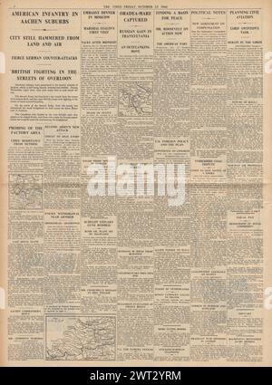 Die Times berichtete 1944 von Battle for Aachen, Battle for Overloon, Rote Armee erobert Oradea Mare und planmäßige Flugdienste in Großbritannien Stockfoto