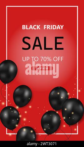 Vertikale Banner Für Black Friday Sale. Fliegender Hochglanzballon auf rotem Hintergrund. Fallendes Konfetti. Vektorabbildung. Stock Vektor