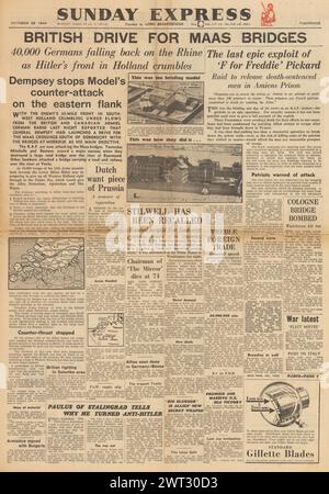 1944 Sunday Express-Titelseite, die die britische Armee auf Maas, den Moskitoangriff auf das Amiens-Gefängnis und die von Paulus-Botschaft gegen Hitler berichtet Stockfoto