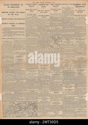 1944 berichtete die Times von Schlacht an der Schelde, Schlacht um Antwerpen, RAF Bomb Köln, Stephane Lauzanne zu 20 Jahren Haft und Schlacht um die Philippinen verurteilt Stockfoto