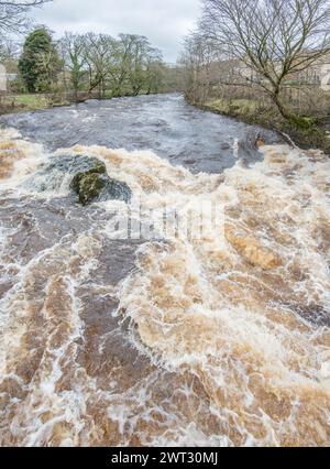 Ein donnerndes Rauschen des Wassers am Queens Rock am River Ribble, Kingsmill, Siedlung North Yorkshire Stockfoto