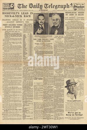 1944 die Titelseite des Daily Telegraph berichtet, dass die US-Präsidentschaftswahlen und Alliierten Walcheren Island erobern Stockfoto