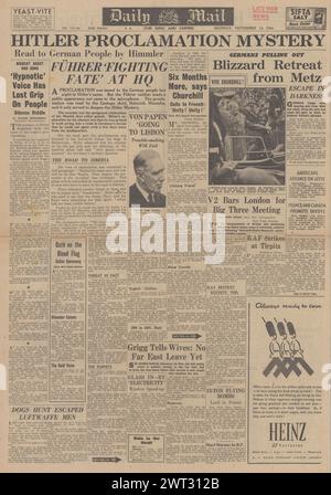 1944 Daily Mail Titelseite Reportage von Heinrich Himmler, Churchill sagt den Krieg in sechs Monaten und den Rückzug der deutschen Armee aus Metz voraus Stockfoto