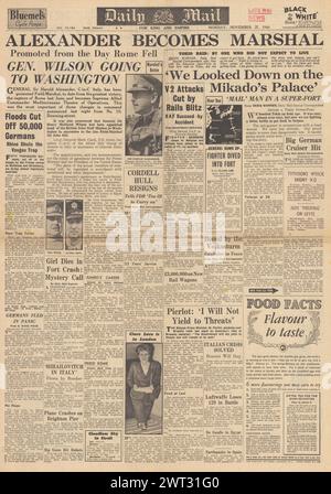 1944 Daily Mail berichtet von den Bomben der US Air Force Tokio, Cordell Hull tritt zurück und Sir Harold Alexander machte einen Feldmarschall Stockfoto