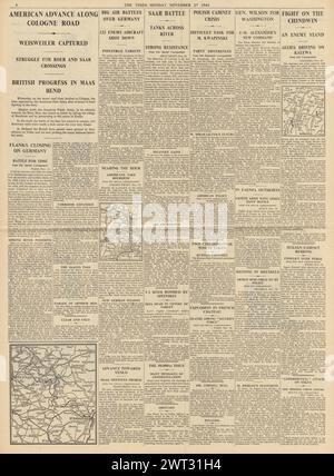 1944 die Times berichtete, dass die RAF Bomb Holland, Cordell Hull zurücktritt, Sir Harold Alexander einen Feldmarschall und US-Truppen Weisweiler gefangen nahmen Stockfoto