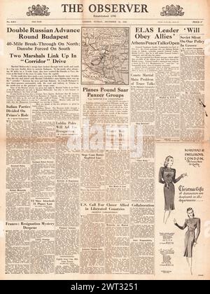 1944 die Titelseite des Beobachters berichtet von Unruhen in Griechenland und von der Roten Armee in Budapest Stockfoto