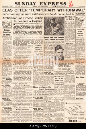 1944 Sunday Express-Titelseite, die Unruhen in Griechenland meldet Stockfoto