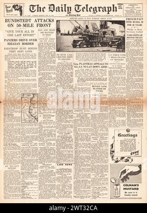 1944 die Titelseite des Daily Telegraph berichtet über die Battle of the Bulge und Friedensgespräche in Athen Stockfoto
