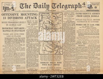1944 die Titelseite des Daily Telegraph berichtet über die Ardenschlacht und die Unruhen in Griechenland Stockfoto