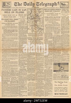 1944 die Titelseite des Daily Telegraph berichtet über die Ardenschlacht und die Unruhen in Griechenland Stockfoto