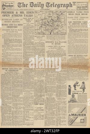 1944 die Titelseite des Daily Telegraph berichtet über die Battle of the Bulge und Churchill in Athen zu Krisengesprächen Stockfoto
