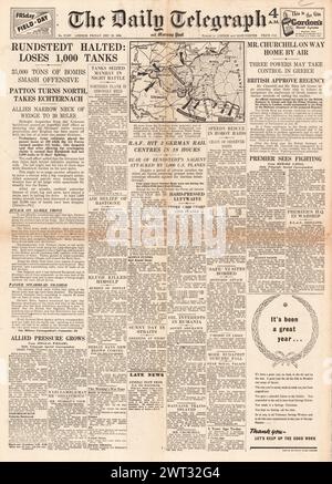 1944 die Titelseite des Daily Telegraph berichtet über die Battle of the Bulge und die Bombe der RAF in deutschen Eisenbahnzentren Stockfoto