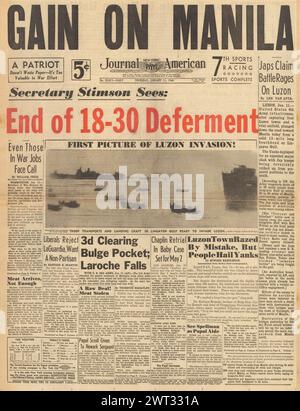 1945 Journal die amerikanische Titelseite berichtet über die Ardenschlacht und US-Truppen marschieren auf Manila Stockfoto