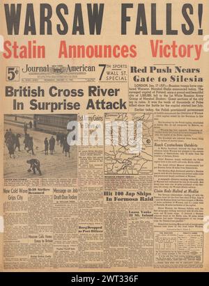 1945 Journal die amerikanische Titelseite berichtet über den Vormarsch der Roten Armee in Richtung Deutschland, die Ardenschlacht und die britischen Truppen erobern die Brücke über Rode Beek Stockfoto