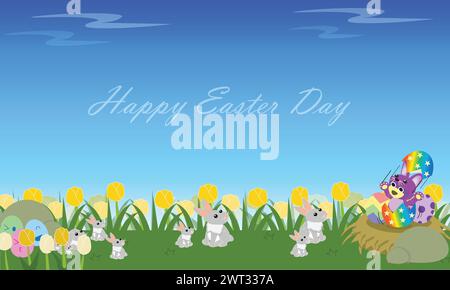 Happy easter Day Card, Tulpenfeld mit Hasen und osterei, Stock Vektor