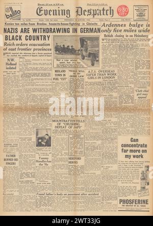 1945 Evening Dispatch-Titelseite über den Vormarsch der Roten Armee in Schlesien und die Ardenschlacht Stockfoto