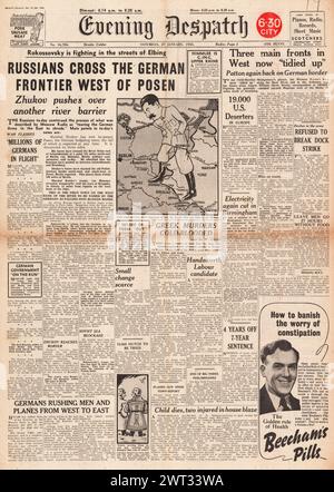 1945 Evening Dispatch-Titelseite über den Vormarsch der Roten Armee bei Posen- und ELAS-Verbrechen in Griechenland Stockfoto