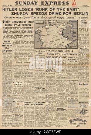 1945 Sunday Express-Titelseite berichtet über den Vormarsch der Roten Armee in Schlesien Stockfoto