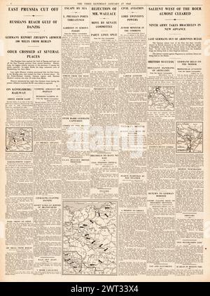 1945 berichtete die Times, dass die Rote Armee in Schlesien vormarschiert, Ostpreußen abgeschnitten, deutsche Brückenköpfe im Elsaß und Alliierten am Fluss Roer zerschlagen wurden Stockfoto