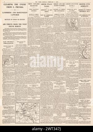 1945 berichtete die Times, dass die Rote Armee auf Berlin vormarschiert, amerikanische Truppen Manila befreien, Alliierte auf die Siegfried-Linie vorrücken und die Alliierten Berlin bombardieren Stockfoto