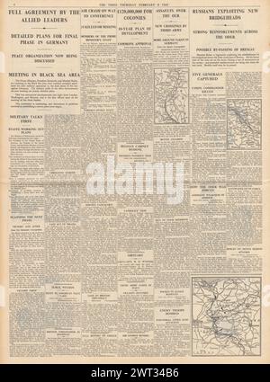 1945 berichtete die Times, dass die Rote Armee auf Berlin vormarschiert, die Jalta-Konferenz und die Alliierten von der Siegfried-Linie vorrücken Stockfoto