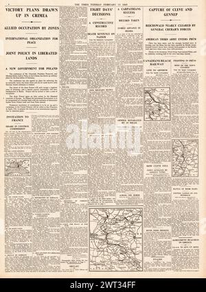 1945 berichtete die Times von der Yalta-Konferenz, dem Vormarsch der Roten Armee auf Dresden und der britischen Armee, Kleve zu erobern Stockfoto