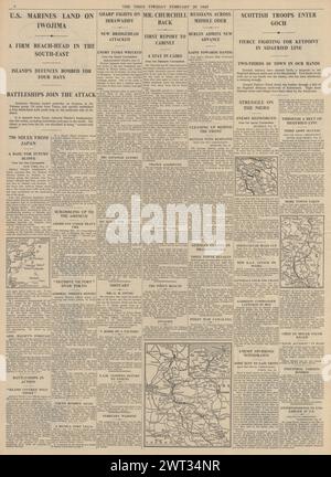 1945 berichtet die Times über die Schlacht von Iwo Jima, die Schlacht um Goch, die US Air Force bombardiert Tokio und die Alliierten auf der Irrawaddy Stockfoto