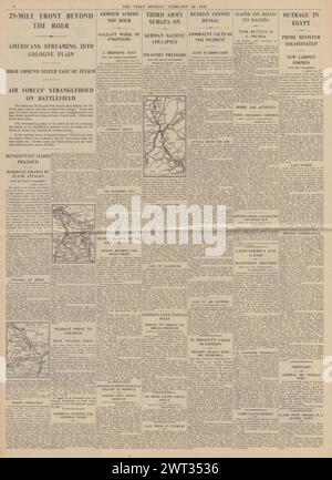 1945 meldete die Times, dass die Alliierten Duren gefangen nahmen, auf Köln vormarschierten und den ägyptischen Premier Ahmed Pascha ermordet wurden Stockfoto