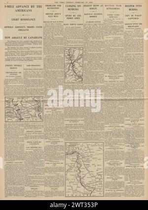 1945 meldete die Times, dass die Alliierten nach Köln vormarschieren, Pagan, die US Air Force Bombe Berlin und Tokio erobern und um Königsberg kämpfen Stockfoto