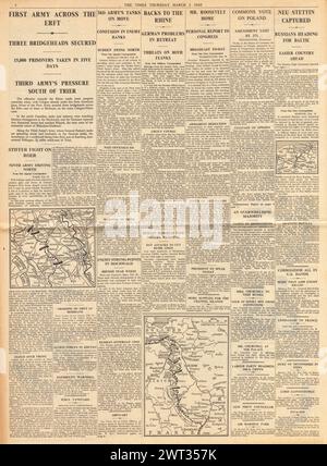 1945 meldete die Times die Schlacht um das Rheinland, die Alliierten rücken auf Köln und Düsseldorf vor, die Rote Armee erobert Neustettin und die US-Streitkräfte kontrollieren Corregidor Stockfoto