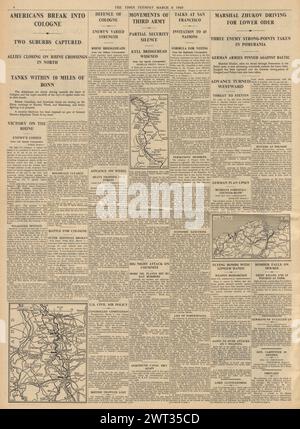 1945 berichtete die Times von der Schlacht um Köln, der Roten Armee auf der Ostsee, die britischen Truppen zerschnitten Birma in zwei Teile und eroberten Stargard Stockfoto